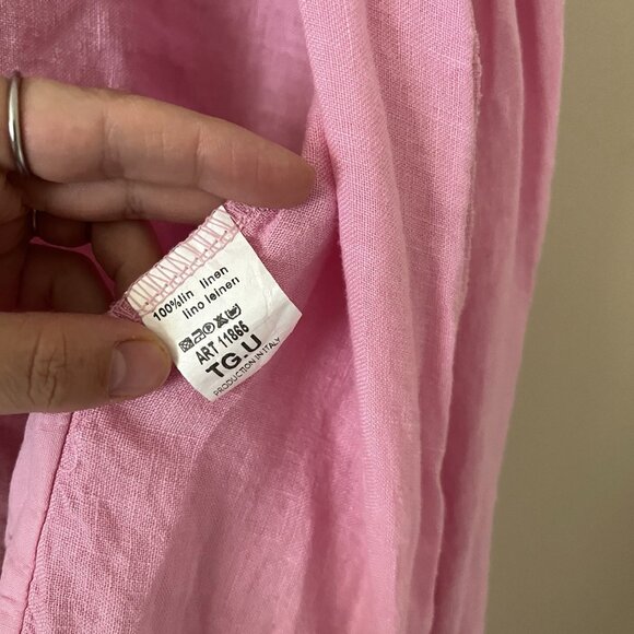 100% Linen Wrap Top Coverup Pink Puff Sleeve Balloon Blouse Collared Crop Italy - Picture 5 of 6